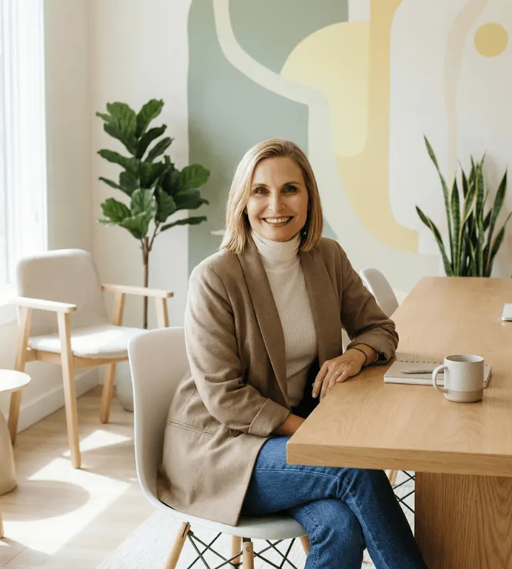 Une femme est assise à une table dans son salon.