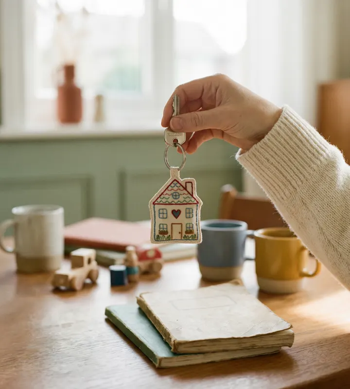 Une personne tient un porte clé en forme de maison dans sa main