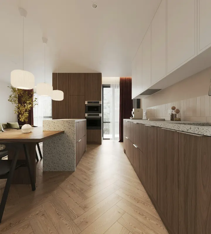 Photos d'une grande cuisine ouverte avec un parquet en bois et une table de salle à manger