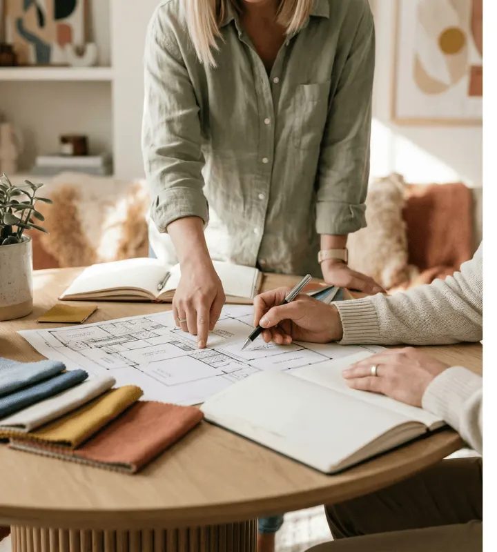 Une personne montre du doigt un plan immobilier.
