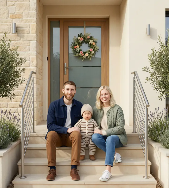 Une famille devant la porte d'une maison neuve.