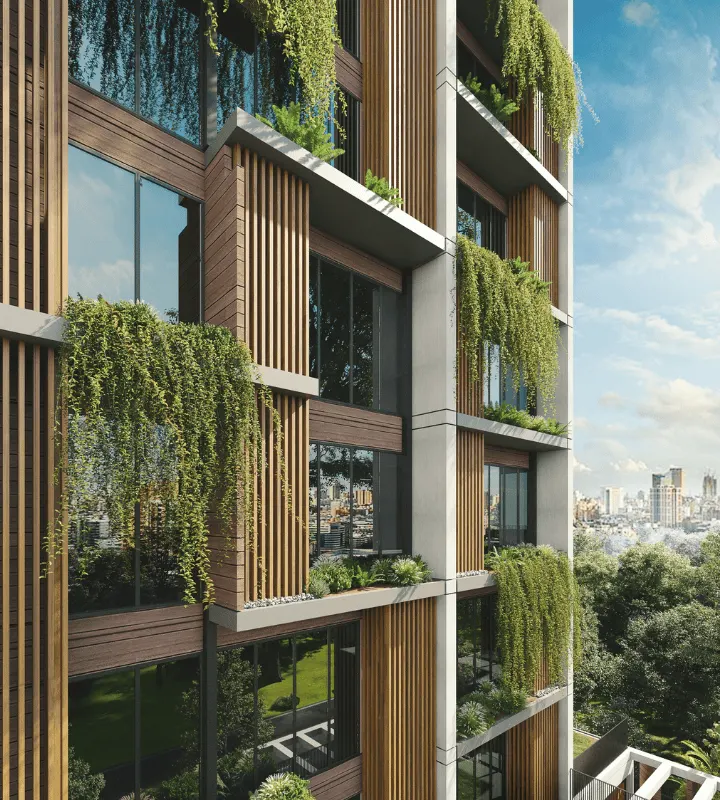 Immeuble moderne avec bois et végétation intégré dans une ville urbaine.