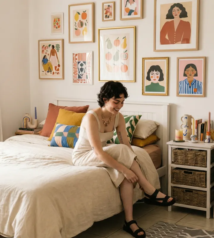 Une femme souriante est assise sur son lit