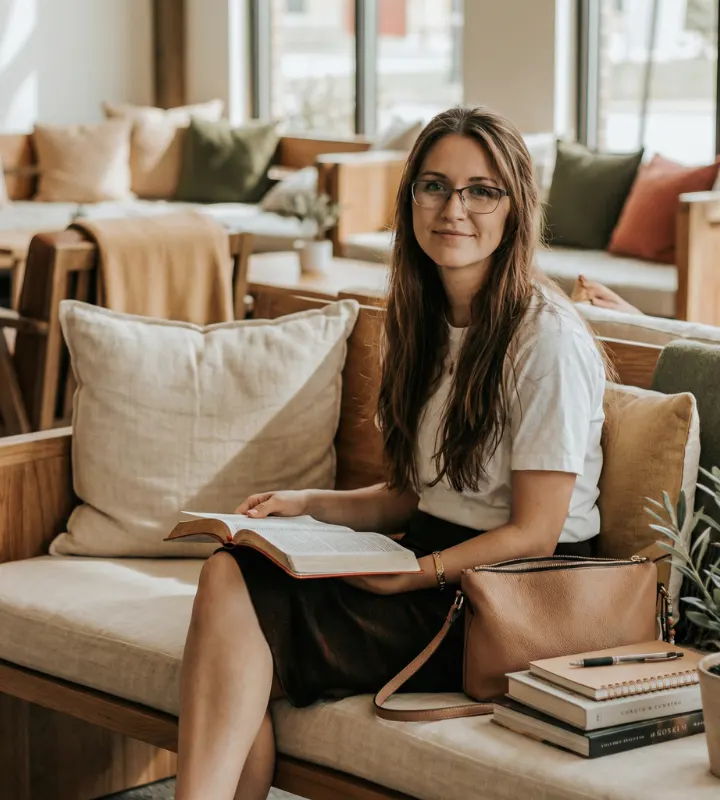 Une femme est assise dans son canapé et lit un livre.