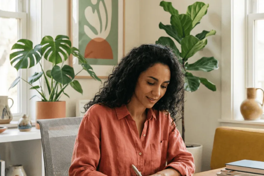 Jeune femme en train de signer un document.