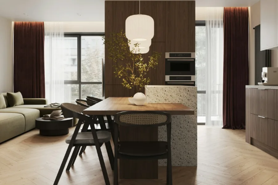 Vue d'une cuisine ouverte et d'un salon moderne 

