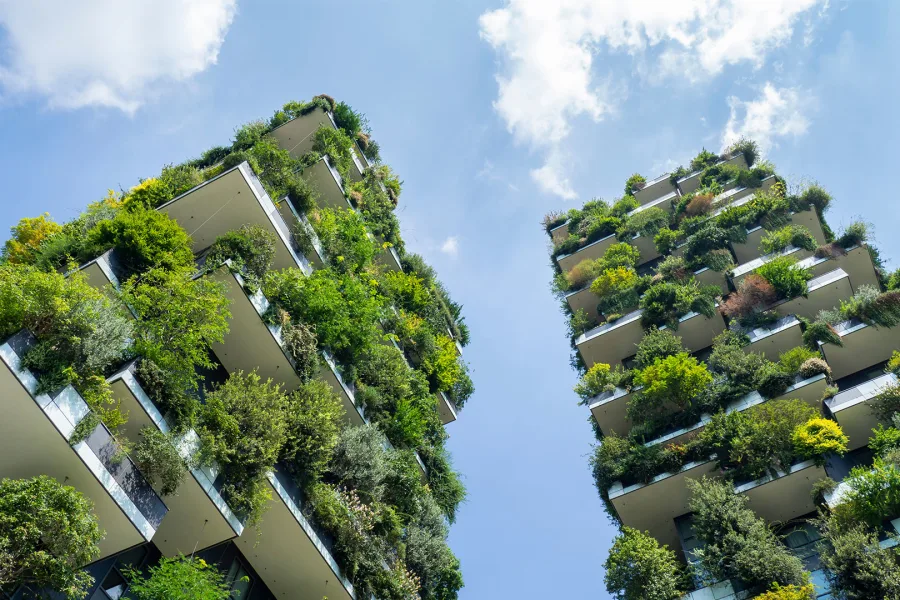 Batiment vegetalisé avec vue sur le ciel 