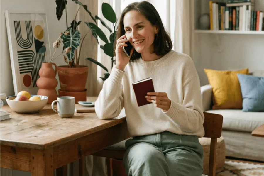 Femme au téléphone avec son conseiller en Immobilier neuf