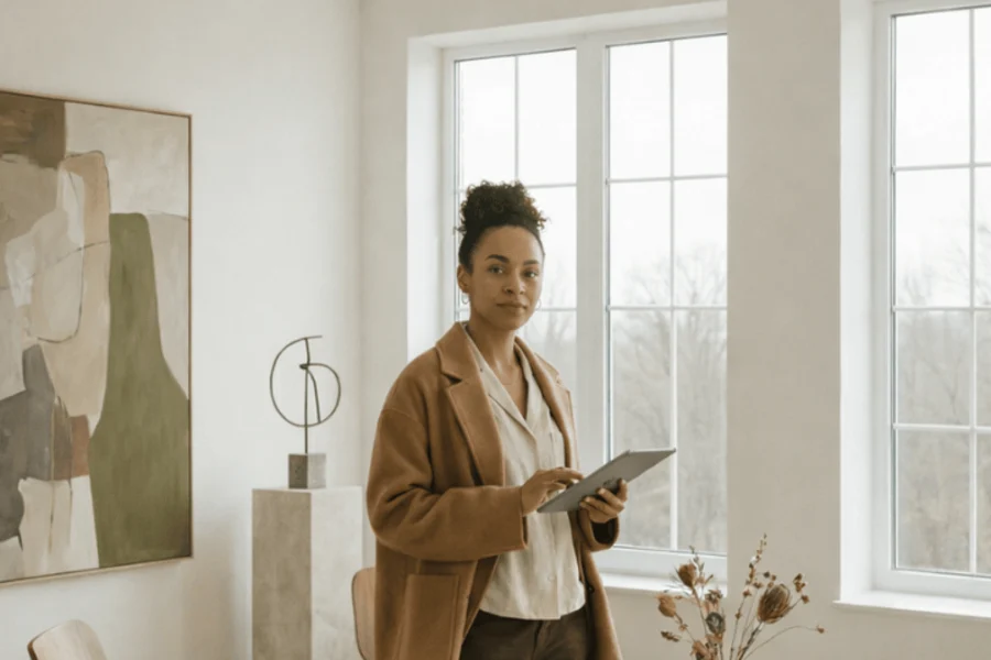 Une femme debout en tenant une tablette