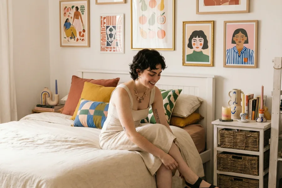 Une femme souriante est assise sur son lit