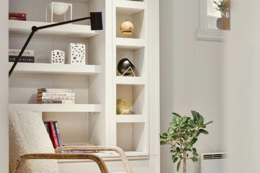 Intérieur blanc d'un appartement avec une chaise en premier plan, une plante sur le côté droit et des décorations