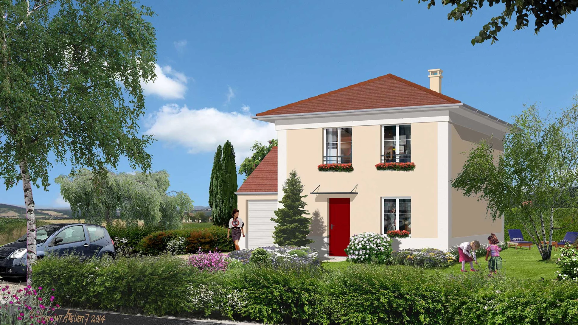 Modèle de maison Cléa neuve kaufman & Broad, perspective extérieure de la façade
